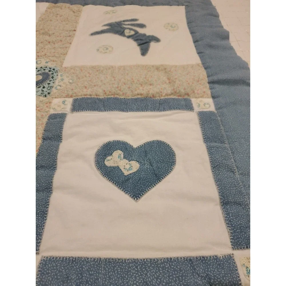 Small baby‎ quilt Blue Beige Bunny Flowers Heart Vtg Square 32Lx34W 90's